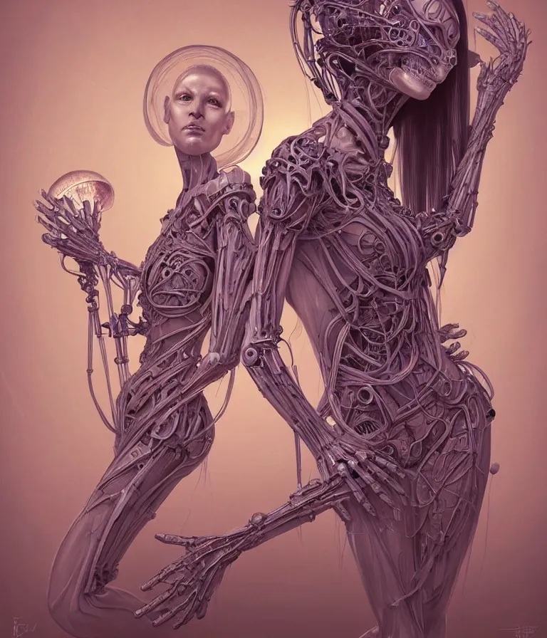 Image similar to fully symmetrical centered portrait of a beautiful princess in robe. artificial muscles, ribcage, bones, hard surface modelling. cyberpunk look. biomechanical mask. bio luminescent biomechanical halo around head. jellyfish. artwork by jarold Sng by artgerm, by Eddie Mendoza, by Peter mohrbacher by tooth wu by alfons mucha, unreal engine, octane render, cinematic light, iridescent details, iridescent colors, dichroic, macro, depth of field, blur