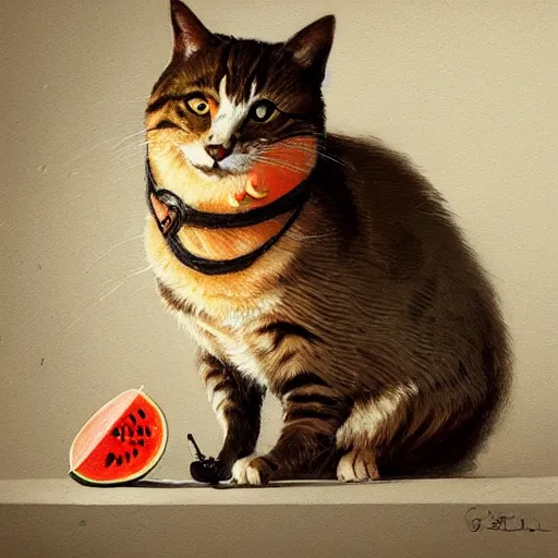 Prompt: very detailed masterpiece painting of a cat eating a melon, portrait, artstation, concept art by greg rutkowski