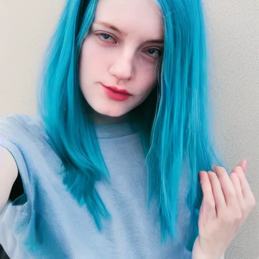 Prompt: a pale girl with blue hair, soft facial features, looking directly at the camera, neutral expression, instagram picture