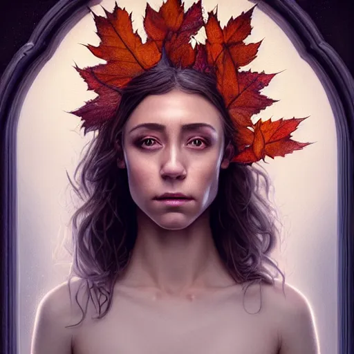 Image similar to gorgeous stella maeve magician, realistic character concept, bird's eye overhead shot, elegant pose, spooky, illustration, symmetrical face and body, volumetric lighting, detailed realistic symmetrical eyes, 8 k, joshua middleton, artgerm, tom bagshaw, single face, insanely detailed and intricate elegant, autumn leaves