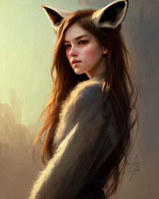 Image similar to a potrait of a girl with fox ears, fine details. night setting. realistic shaded lighting poster by craig mullism, artgerm, jeremy lipkin and michael garmash, unreal engine, radiant light, detailed and intricate environment, digital art, trending on art station