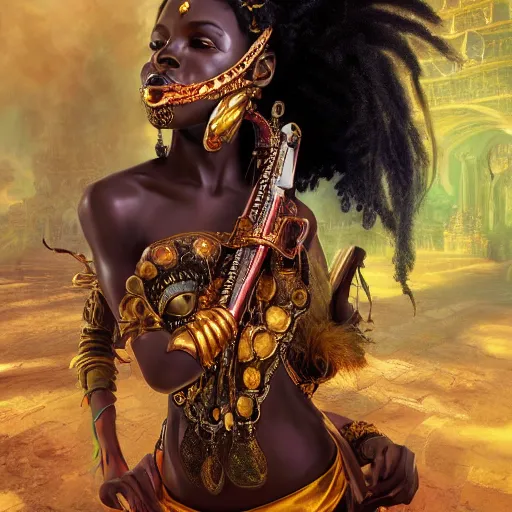 Image similar to the portrait, masked swahili female violinist, exotic costumes, gold jewelry, black dreads hair ， illustration by wenjun lin, irakli nadar, bright colors, octopath traveler, wenjun lin, unreal engine 5 highly rendered, global illumination, radiant light, detailed and intricate environment