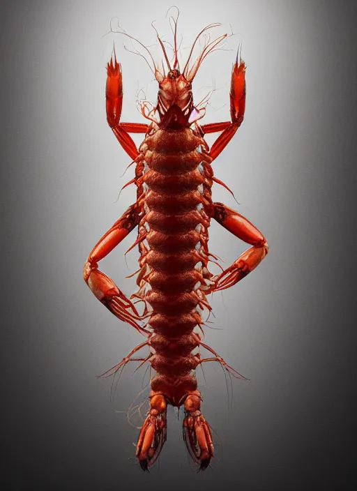 Prompt: a men who suddenly became a giant shrimp, photorealistic, canon r 3, high fashion photography, elegant, luxury and elite, symmetry, octane render, unreal engine, solid dark grey background, dramatic lights