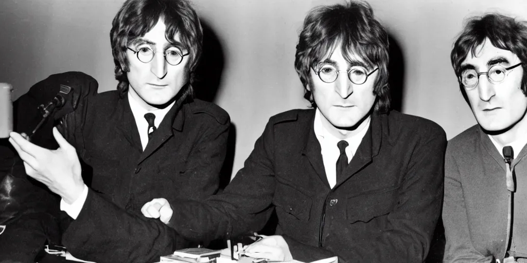 Prompt: John Lennon & Tesla working together ufo technology, black & white photograph