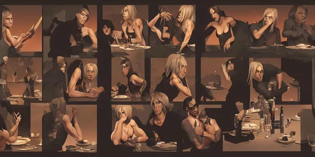 Image similar to iggy pop eating dinner, character sheet, character design, contrast, deep focus, turnaround, highly detailed, dramatic lighting, digital painting, artstation, concept art, matte, sharp focus, illustration, elegant, art by artgerm and greg f and alphonse mucha.