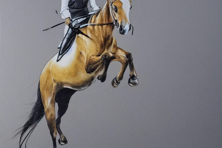 Image similar to beautiful serene horse rider, healing through motion, life, minimalistic golden and ink airbrush painting on white background