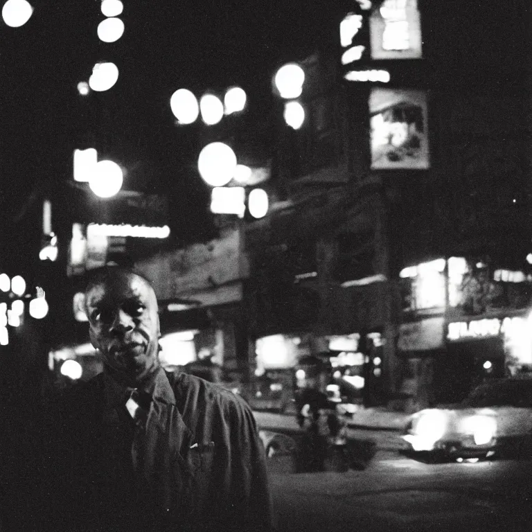 Prompt: analog medium format film night flash bokeh portrait of man in harlem, 1 9 6 0 s hasselblad film street photography, featured on unsplash, photographed on vintage expired colour film