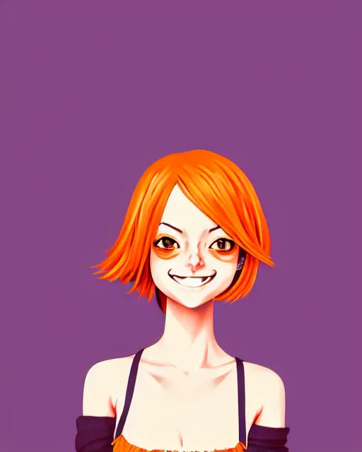 Prompt: beautiful anime girl, full body Emma Stone, orange glowing hair, sarcastic smiling, clear clean face, symmetrical face, blurry background, face by Ilya Kushinov style, Norman Rockwell, painterly style, flat illustration