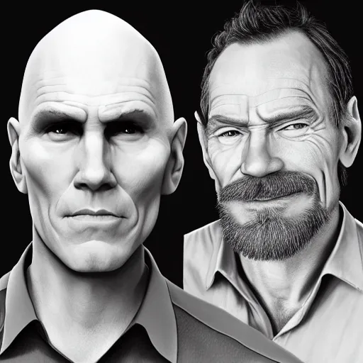 Prompt: Jerma with hair and no glasses taking a selfie with Bald Bryan Cranston with a goatee in Albuquerque, New Mexico with a yellow filter, real life, hyperrealistic, ultra realistic, realistic, highly detailed, epic, HD quality, 8k resolution, body and headshot, Trending on Artstation, very realistic