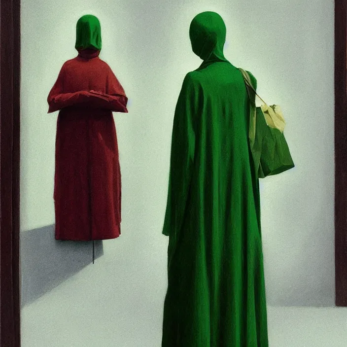 Prompt: woman in black robed, back to us, arms to the sides, dressed in red paper bags, holding stack of green paper bags, highly detailed, artstation, art by edward hopper, zdislav beksinski, wayne barlowe, edward hopper