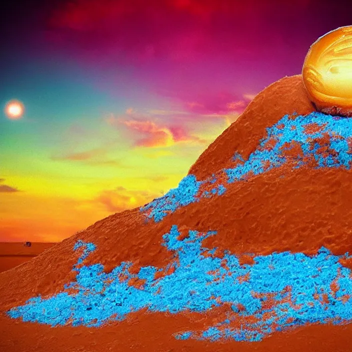 Prompt: desert made from icecream and candies, caramel colorful sun, luminescent sky - n 9