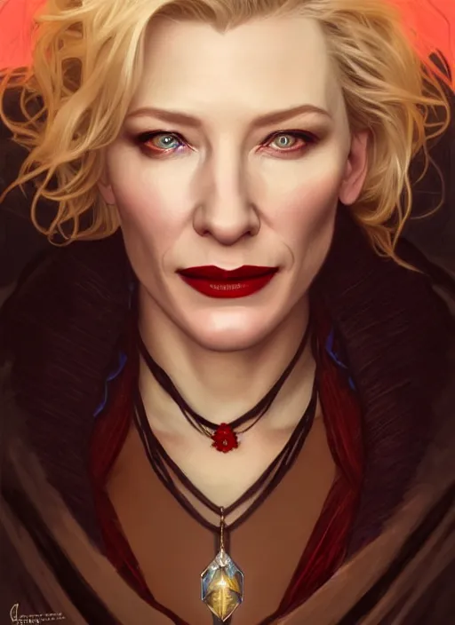 Prompt: portrait of cate blanchett with blonde hair as a vampire lord, jewelry, greek, ruby, intricate, headshot, highly detailed, digital painting, artstation, concept art, sharp focus, cinematic lighting, illustration, art by artgerm and greg rutkowski, alphonse mucha, cgsociety