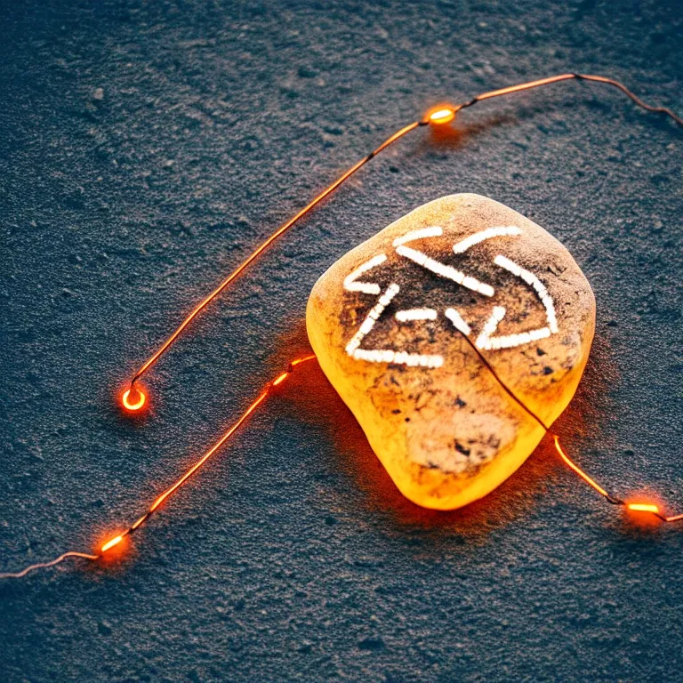 Prompt: photo of a large pebble with a glowing runes drawn on it. pebble is completely wrapped with copper wire like an electromagnet. extremely high details, octane rendering, cgsociety