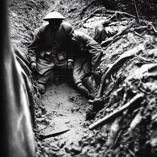 Image similar to stranger things , ww1 trench, war photo, film grain