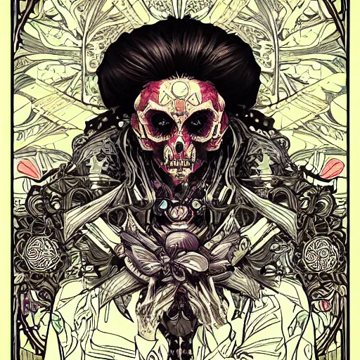 Image similar to manga skull portrait apes monkey profile skeleton illustration detailed style by James Jean Mucha pop art nouveau