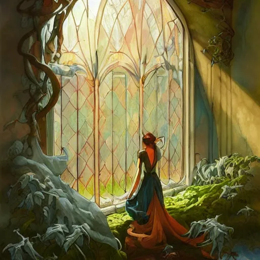 Image similar to beautiful large window with four panes, four yearseason is represented by peter mohrbacher, art nouveau, landscape, cinematic