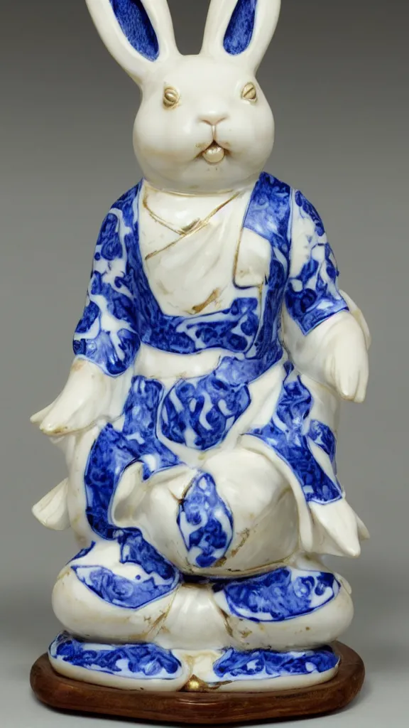 Image similar to porcelain rabbit head budda statue with blue arabesque details painted by john singer sargent