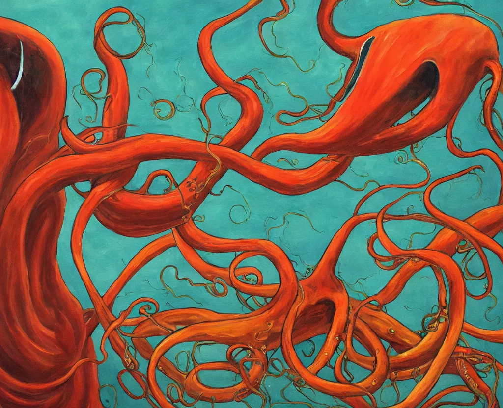 Prompt: a painting of a giant squid with evil tentacles menacing the world, saturated color scheme