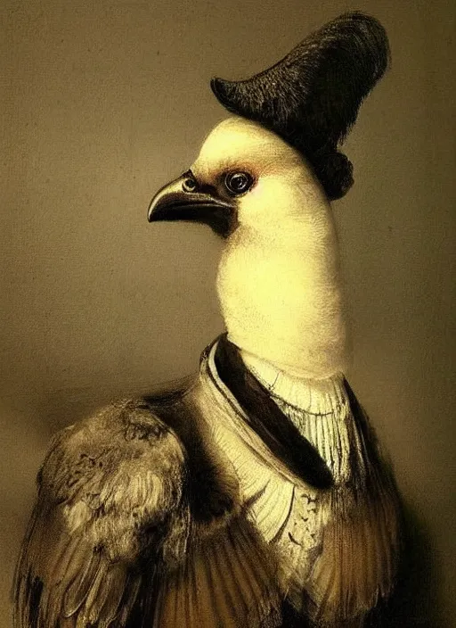 Prompt: beautiful portrait painting of an elegant bird wearing a suit,, by rembrandt