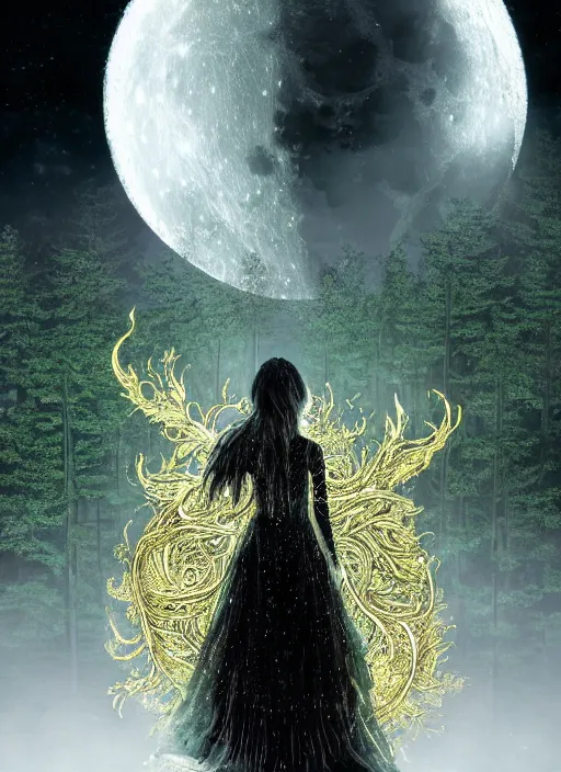 Image similar to glowing silver and golden elements, full close-up portrait, A beautiful dark witch in front of the full big moon, book cover, green forest, red white black colors, establishing shot, extremly high detail, foto realistic, cinematic lighting, pen and ink, intricate line drawings, by Yoshitaka Amano, Ruan Jia, Kentaro Miura, Artgerm, post processed, concept art, artstation, matte painting, style by eddie, raphael lacoste, alex ross