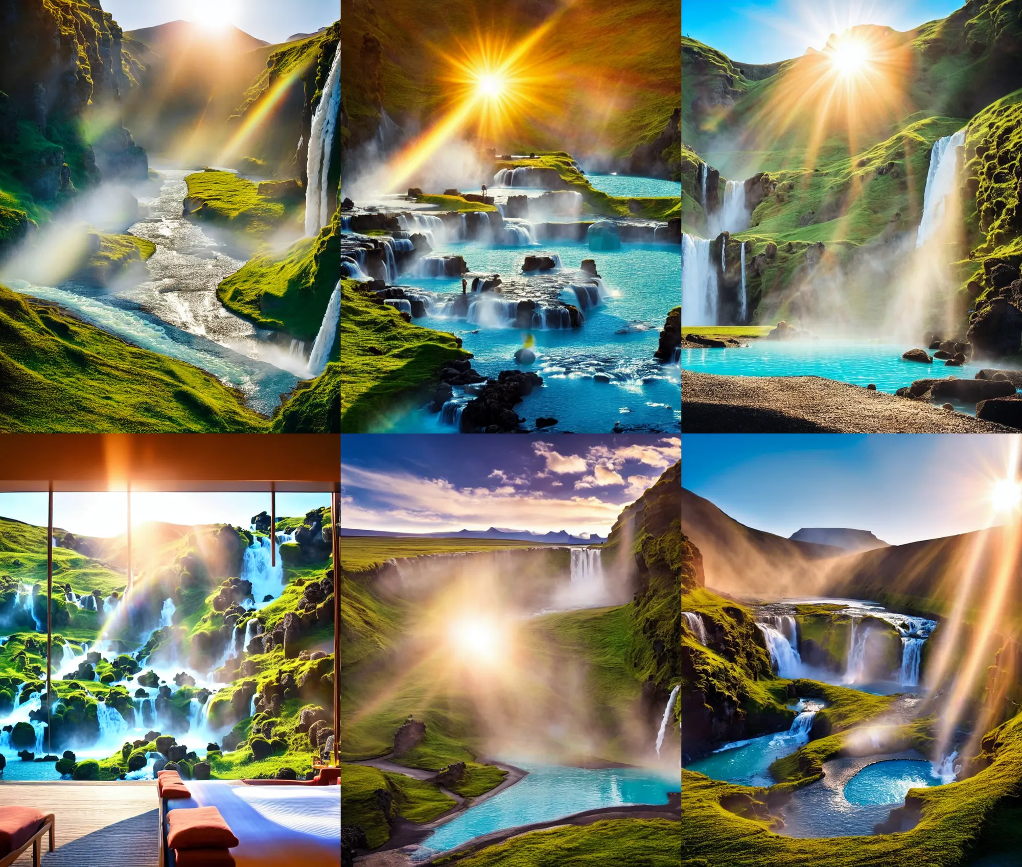 Prompt: establishing wide shot inside resort hotel, beside the combination of iceland hot springs and yangtze river waterfalls, sunny morning light, sunbeam, fantasy movie still, 4 k