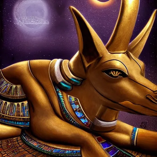 Image similar to anubis, egyptian art, lying in bed, sparkles all around, fantasy digital art, wow, stunning, hight quality