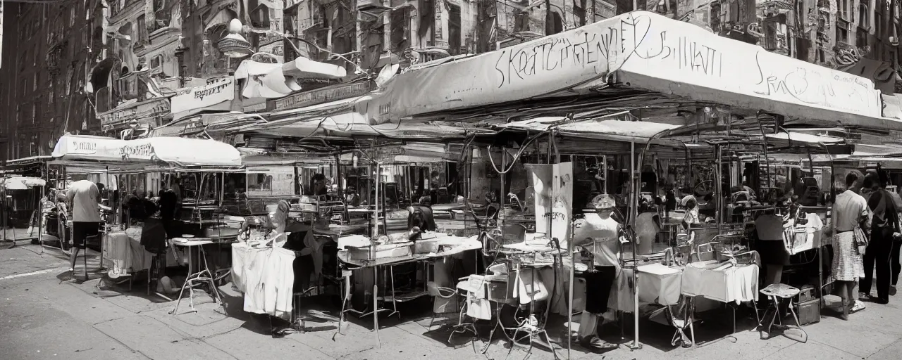 Image similar to spaghetti stand in downtown nyc, kodachrome, in the style of richard avedon, retro