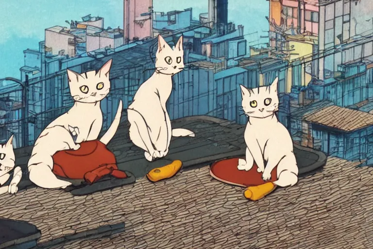 Image similar to four happy stray cats, lounging about and looking at the camera, urban setting, whimsical, trending on artstation, animation still by Hayao Myazaki and Moebius