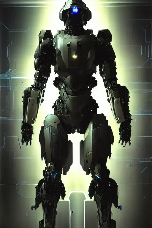 Image similar to a futuristic cybernatic armored soldier, led lights, painting by greg ruthowski, alphonse murac, yoshikata amano, yoji shinkawa, wlop, craig mullins, collaborative artwork, exquisitely high quality and detailed