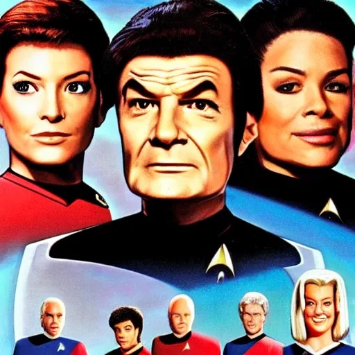 Image similar to realistic promotional photograph star trek next generation but everyone is columbo