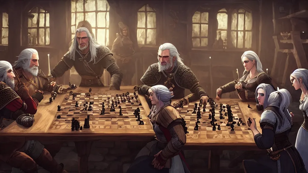 Image similar to Geralt of Rivia, yennefer, triss and Ciri playing chess in a tavern. geralt de rivia and ciri play at a table in the middle of the tavern, pixel art by Gerardo Quiroz, devian art, 4k