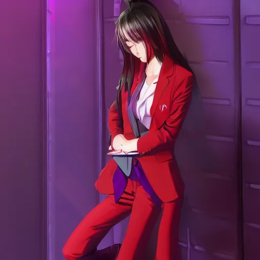 Prompt: a girl wearing a red business suit, she has a purple checkered nexktie, anime art, HD, ambient lighting, artstation, smooth