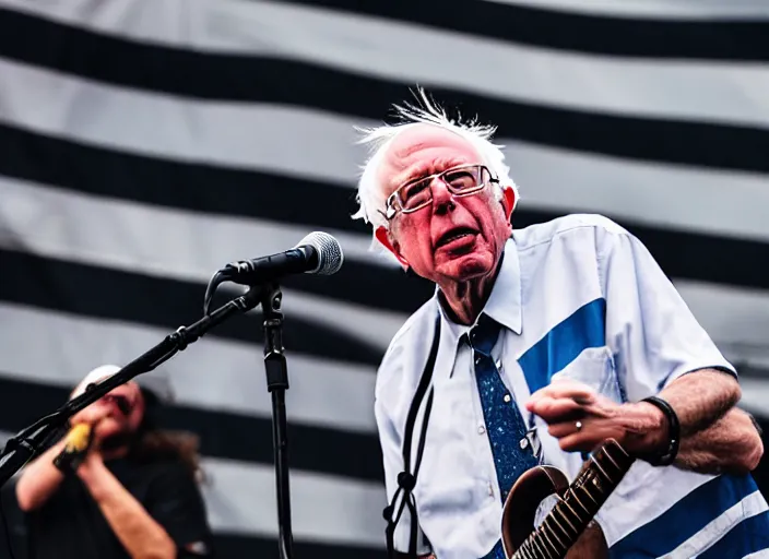 Image similar to photo still of bernie sanders at vans warped tour!!!!!!!! at age 8 0 years old 8 0 years of age!!!!!!! on stage shredding guitar, 8 k, 8 5 mm f 1. 8, studio lighting, rim light, right side key light