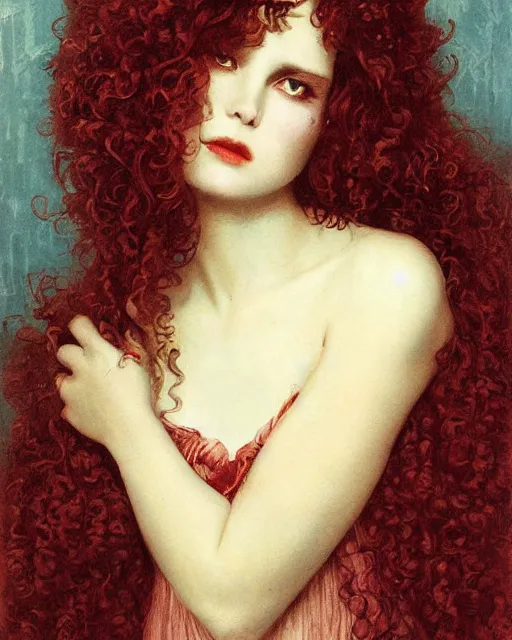 Image similar to a beautiful but sinister girl in layers of fear, with haunted eyes and curly hair, 1 9 7 0 s, seventies, delicate embellishments, a little blood, crimson, painterly, offset printing technique, by alexandre cabanel