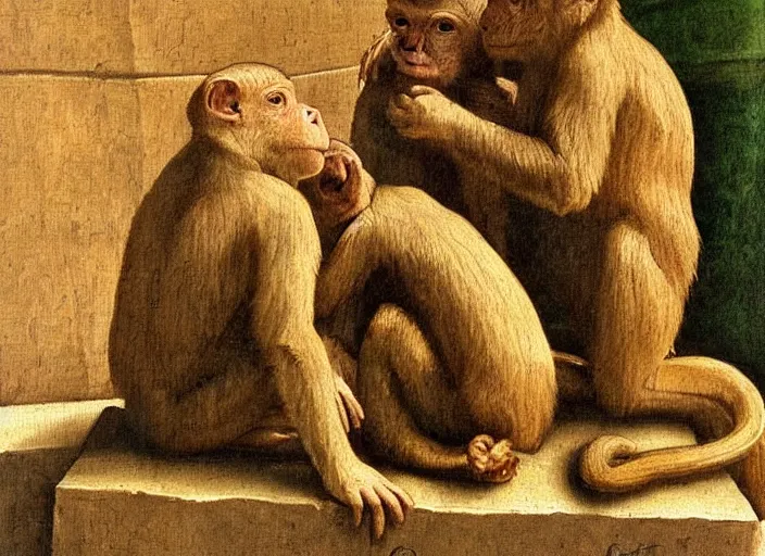 Prompt: detailed renaissance style painting of 3 monkeys enjoying the roman baths, soft edges, oil painting