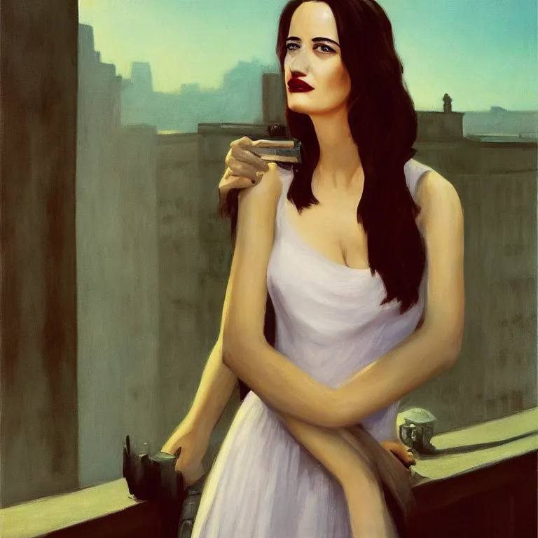 Image similar to portrait of Eva Green on a roof, fog, early morning, , painted by Edward Hopper, painted by Wayne Barlow, airbrush