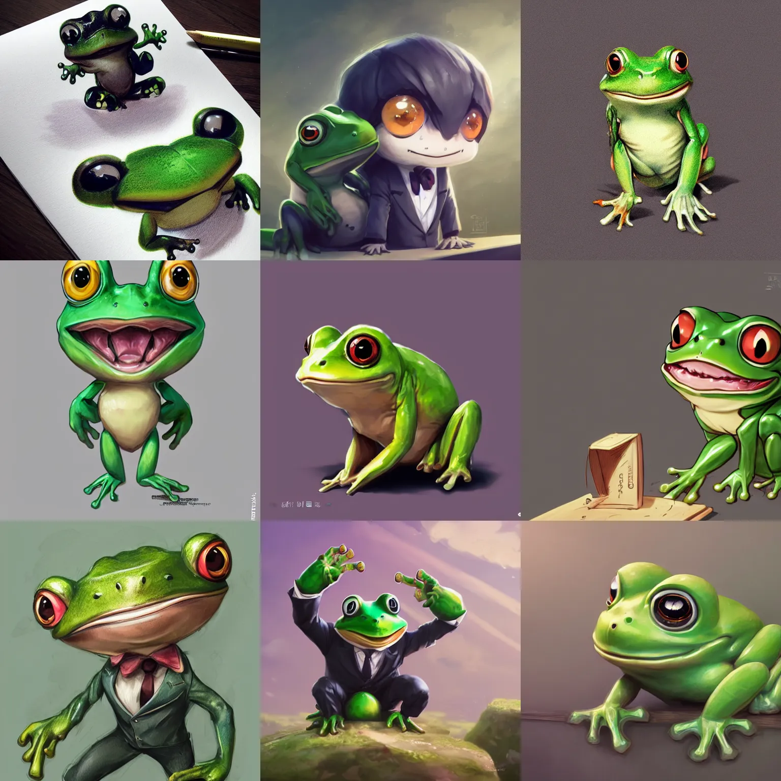 Prompt: cute antropomorphic chibi anime frog in suit illustration by greg rutkowski ighly realistically detailed, trending on pixiv, unreal engine 4 k, stanley artgerm lau, wlop, rossdraws, james jean, andrei riabovitchev, marc simonetti, and sakimichan