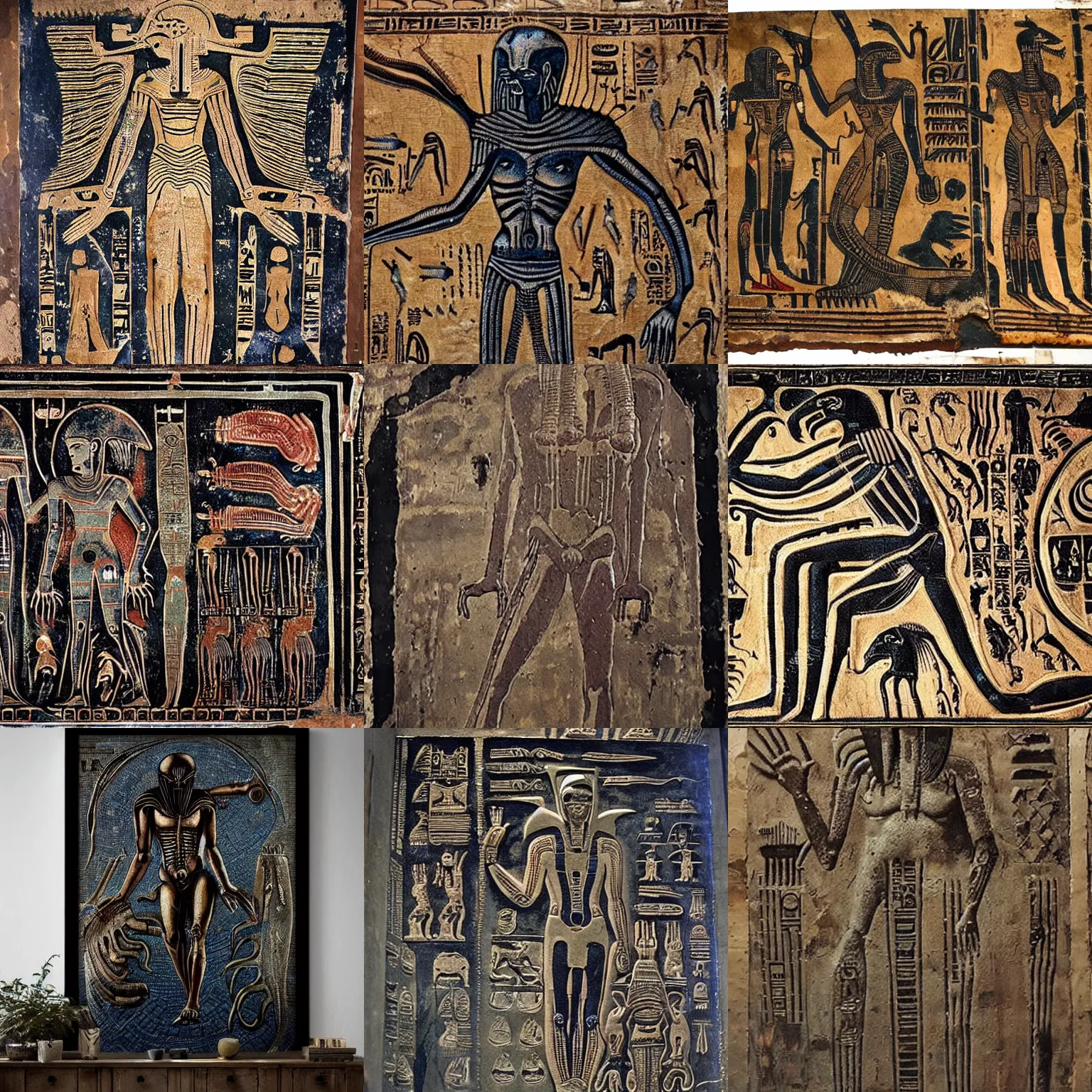 Image similar to [ xenomorph ] [ giger ] [ alien ] from movie aliens painted on highly intricate ancient egyptian mural art, with many hieroglyphs