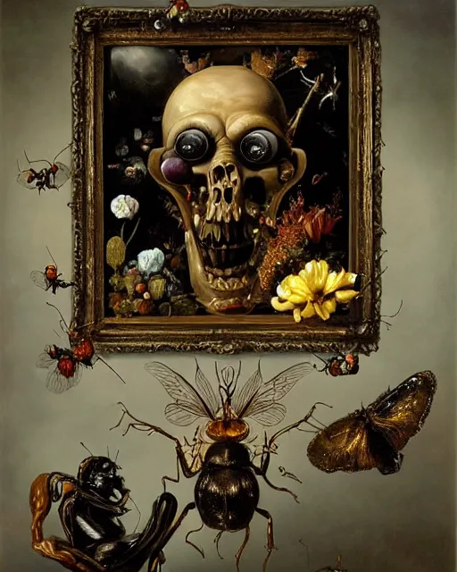 Image similar to refined gorgeous blended oil painting with black background by christian rex van minnen rachel ruysch dali todd schorr of a chiaroscuro portrait of an extremely bizarre disturbing mutated man made of still life flowers and rubber insects with shiny skin acne dutch golden age vanitas intense chiaroscuro cast shadows obscuring features dramatic lighting perfect symmetry perfect composition masterpiece