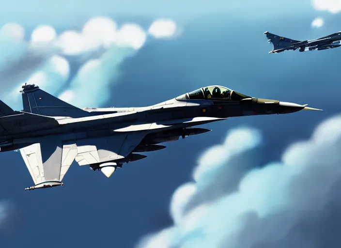 Prompt: portrait of figther jet evading, clear sky background, lush landscape, illustration concept art anime key visual trending pixiv fanbox by wlop and greg rutkowski and makoto shinkai and studio ghibli and kyoto animation, dcs world falcon bms, f 1 6 mixed panavia tornado, symmetrical, backlit