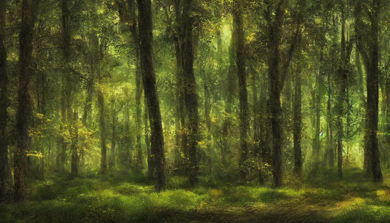 Image similar to a clearing in a forest, digital art, highly detailed, realistic, bright colors, 8 k