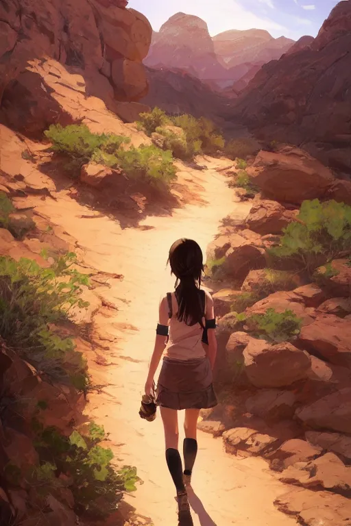 Image similar to a girl hiking in the desert, mid shot, fine - face, realistic shaded perfect anatomy, fine details. night setting. very anime style. realistic shaded lighting poster by ilya kuvshinov katsuhiro, magali villeneuve, artgerm, jeremy lipkin and michael garmash, rob rey and kentaro miura style, trending on art station