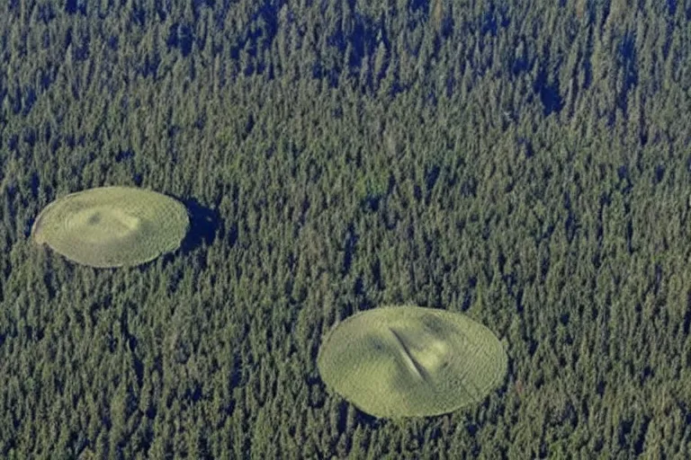 Prompt: the cascadian hilltops marked with alien symbols, news footage from helicopter perspective