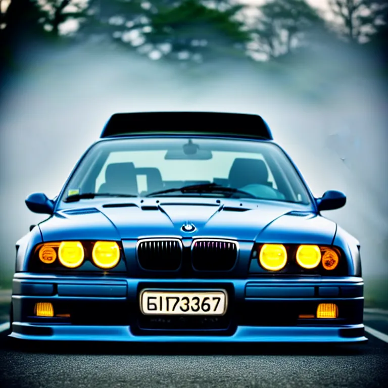 Image similar to close-up-photo BMW E36 turbo illegal meet, work-wheels, Gunma prefecture, misty at night, cinematic color, photorealistic, high detailed deep dish wheels, highly detailed, custom headlights, subtle neon underlighting