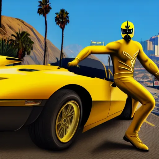 Prompt: yellow ranger in gta v cover art los santos in background, palm trees in the art style of stephen bliss, 4 k