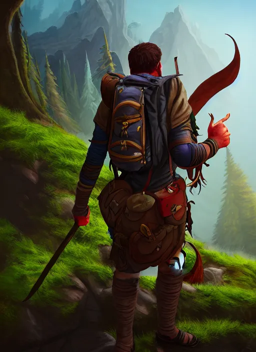 Image similar to an epic fantasy comic book style portrait painting of a fantasy explorer in the wilds with a backpack and map, unreal 5, daz, hyperrealistic, octane render, cosplay, rpg portrait, dynamic lighting