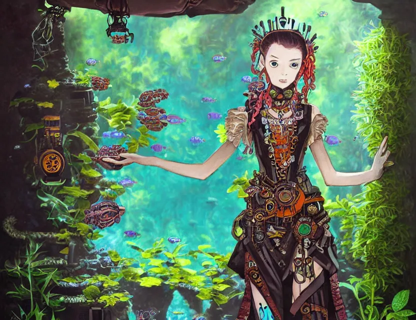 Prompt: aztec scifi princess in a planted aquarium, wearing a lovely dress with steampunk elements. this oil painting by the award - winning mangaka has an interesting color scheme and impeccable lighting.