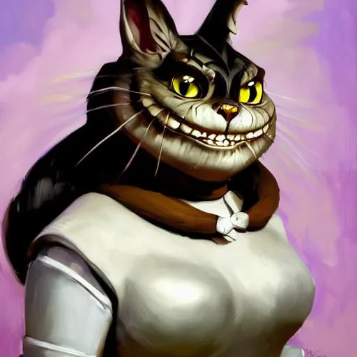 Prompt: greg manchess portrait painting of armored cheshire cat from alice in wonderland as overwatch character, medium shot, asymmetrical, profile picture, organic painting, sunny day, matte painting, bold shapes, hard edges, street art, trending on artstation, by huang guangjian, gil elvgren, ruan jia, randy vargas, greg rutkowski