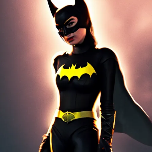 Prompt: a potrait of dua lipa as Batgirl by Zack Snyder, Christopher Nolan, 8k photorealistic, cinematic lighting, HD, high details, dramatic, trending on artstation, view from below, dark atmosphere,