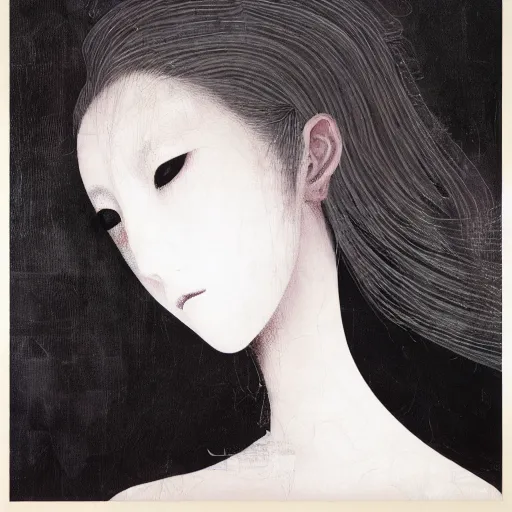 Image similar to yoshitaka amano blurred and dreamy minimalistic oil portrait of a young woman with black lipstick and black eyes wearing dress suit with tie, junji ito abstract patterns in the background, satoshi kon anime, noisy film grain effect, highly detailed, renaissance oil painting, wide brush strokes, weird portrait angle, blurred lost edges